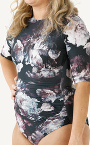 1/2 length sleeve sunsafe one piece swimsuit black floral print